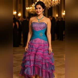 Chic Strapless Pink and Blue Ruffled Princess Dress. Size 6. Beaded Waist Detail